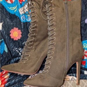 Khaki Lace-Up Stiletto Boots